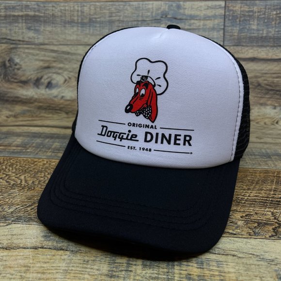 Doggie Diner Mens Trucker Hat Black Snapback 1960s Vintage Logo Baseball Cap - Picture 1 of 8